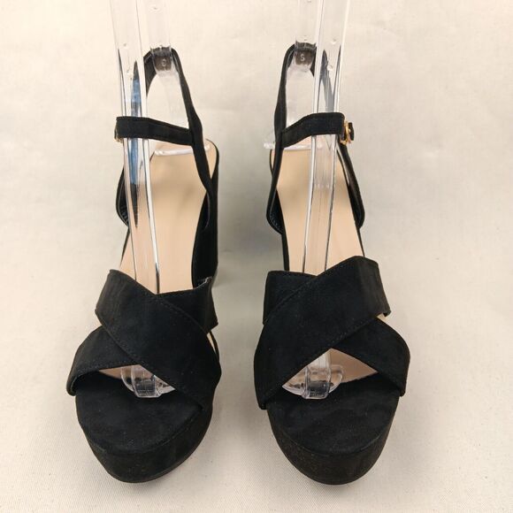 Platform Heels With Ankle Strap Black Faux Suede Women's Size 7.5 - Picture 2 of 7